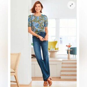 Talbots Blue Green Boho Lively Floral Short Puff Sleeve Tie Back Top Womens XL